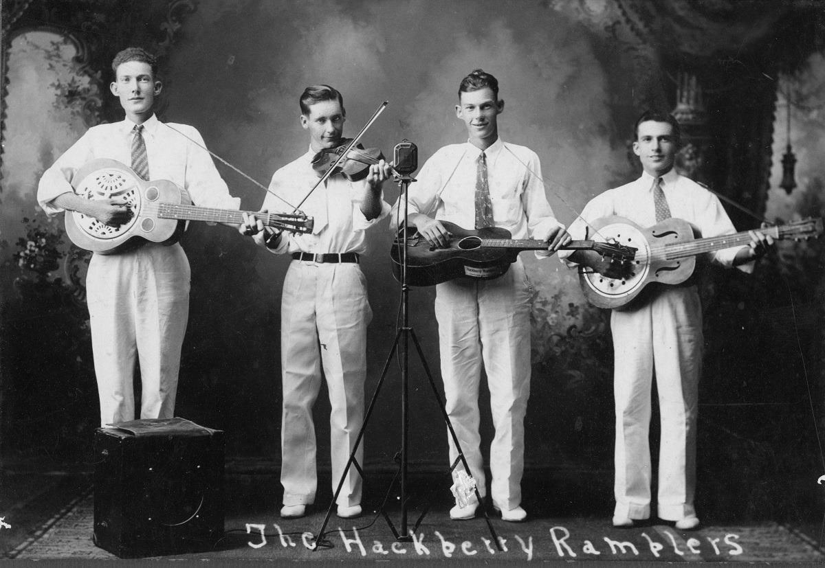 The Hackberry Ramblers in the 1930s: from left, Floyd Rainwater, Luderin Darbone, Lonnie Rainwater, and Lennis Sonnier (Luderin Darbone / 64parishes.org)