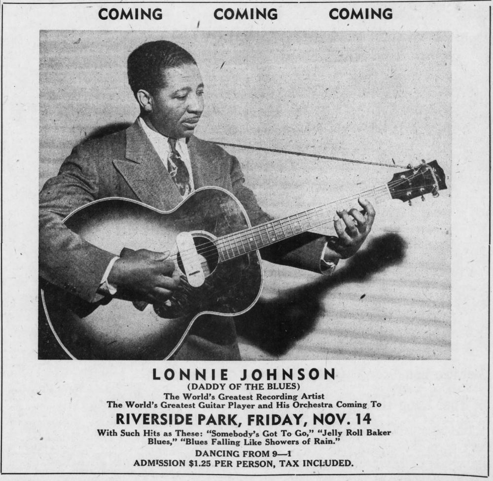 Ad for Lonnie Johnson at Phoenix’s Riverside Park Ballroom, Arizona Sun (joebakermusic.com)